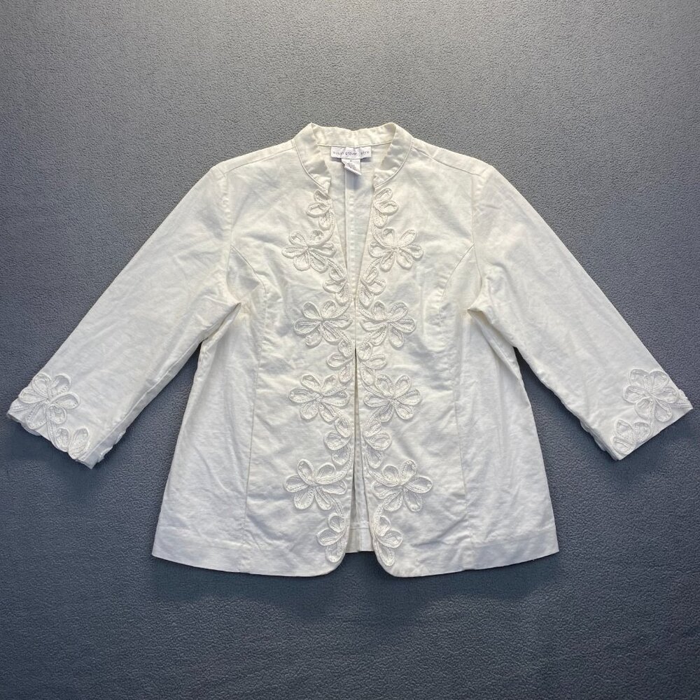 Susan Graver Blazer Womens Size M  Linen Blend Embroidered Floral Coastal Jacket